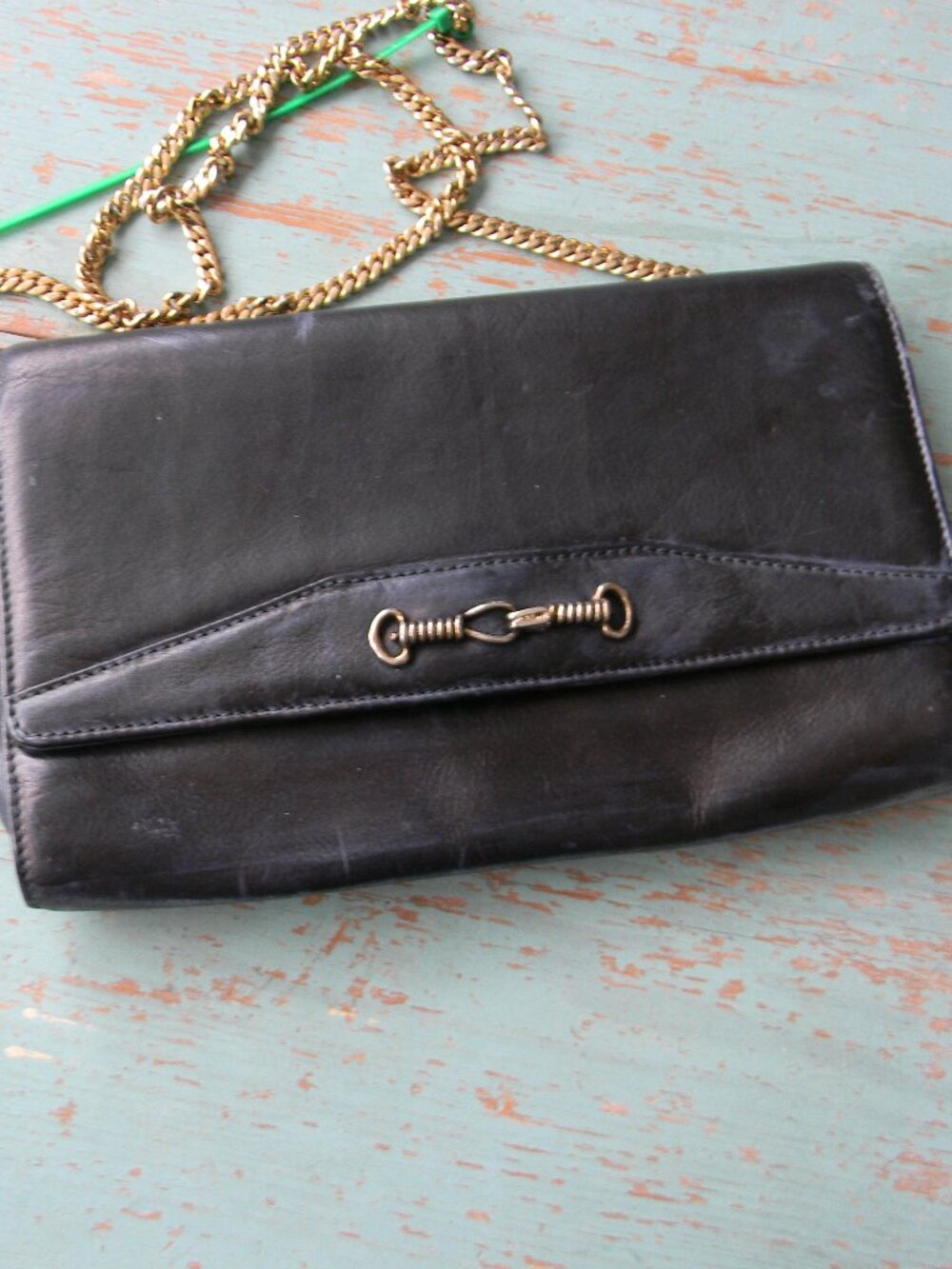CELINE VINTAGE BLACK LEATHER CLUTCH BAG WITH CHAIN STRAP